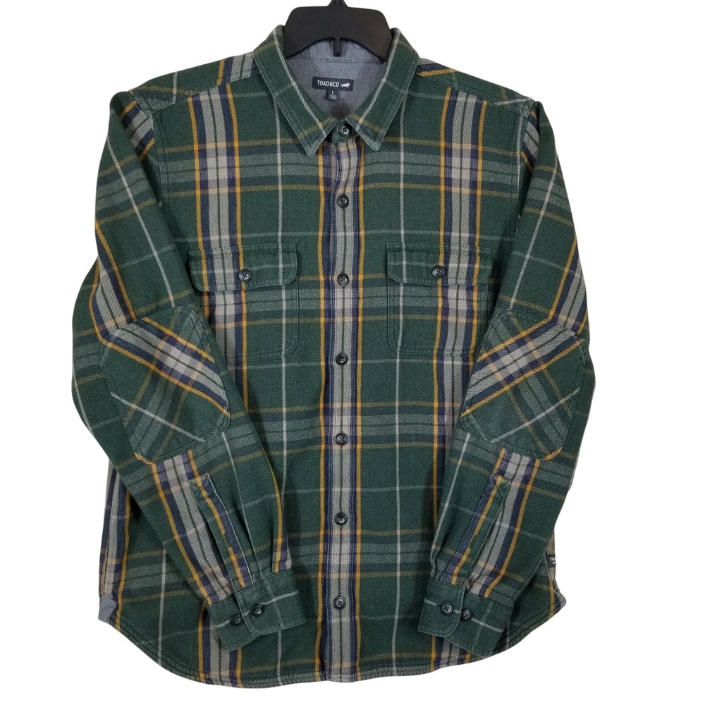 Toad&Co Mens L Green Plaid Flannel Button Up Shirt Elbow Patches Recycled Cotton
